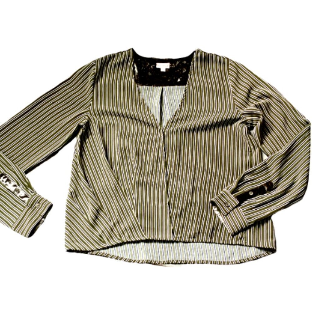 Hem & Thread Striped Long Sleeve‎ Surplice V-Neck Blouse Sz L Olive Green 44G